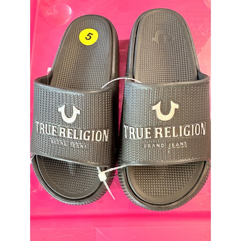 True Religion Boys Black Silver Logo Slide Sandals Shoes Size 5 Big Kids New